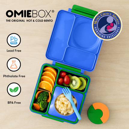 Blue bento box with compartments filled with food 