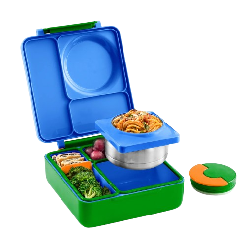 A blue and green compartment bento lunch box 