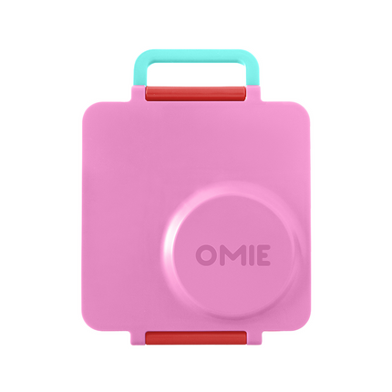 Pink silicone snack container with a handle and 'OMIE' branding