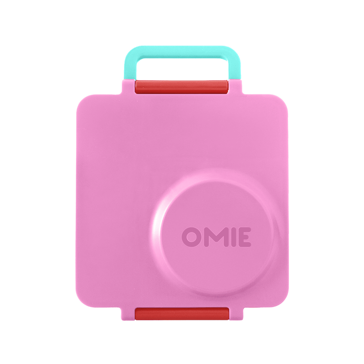 Pink silicone snack container with a handle and 'OMIE' branding