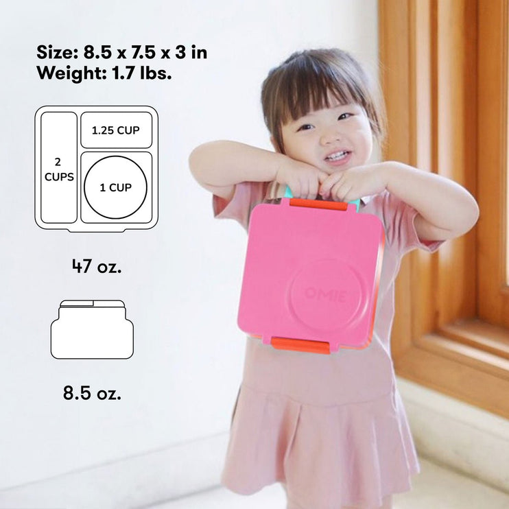 Child holding a pink container with measurements and weight displayed on the left side.