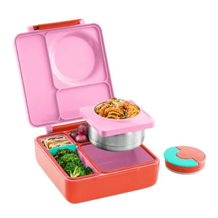 A pink and orange compartment bento lunch box shown with a matching lid placed beside it.