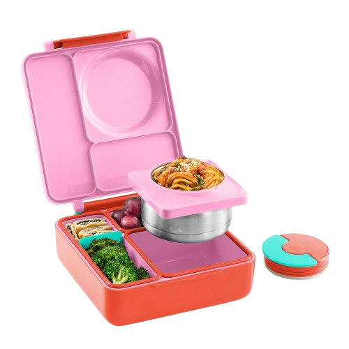 A pink and orange compartment bento lunch box shown with a matching lid placed beside it.