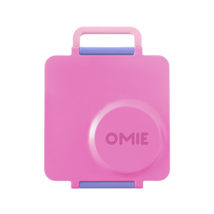 Pink container with a handle and 'OMIE' 