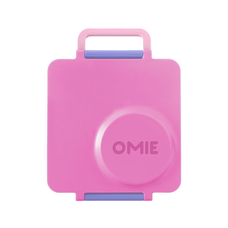 Pink container with a handle and 'OMIE' 