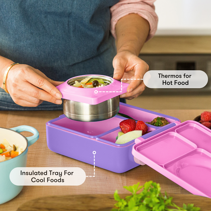Pink and purple lunch box with a thermos for hot food and an insulated tray for cool foods.