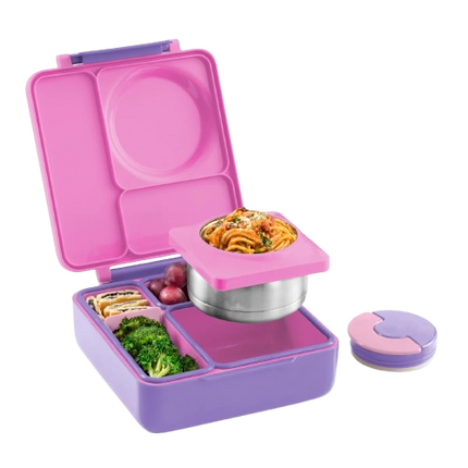 A pink and purple compartment bento lunch box