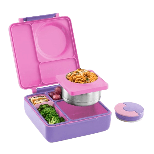 A pink and purple compartment bento lunch box