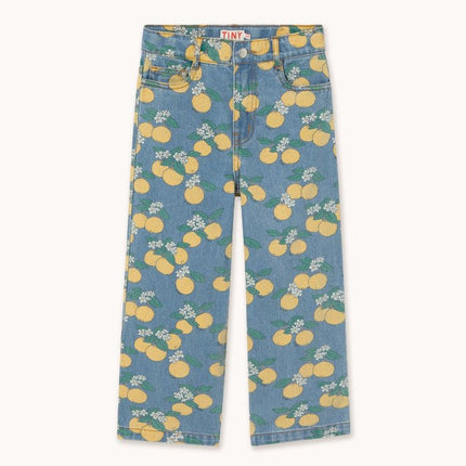 Light wash denim jeans with oranges pattern