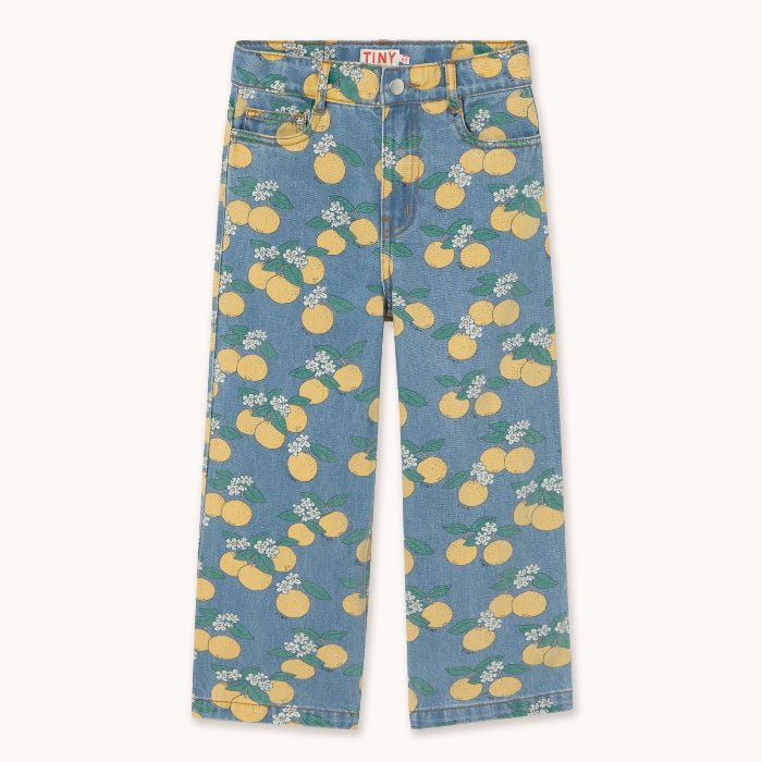 Light wash denim jeans with oranges pattern