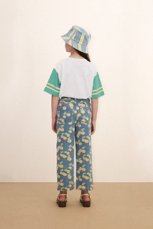 Light was demin jeans with oranges print 