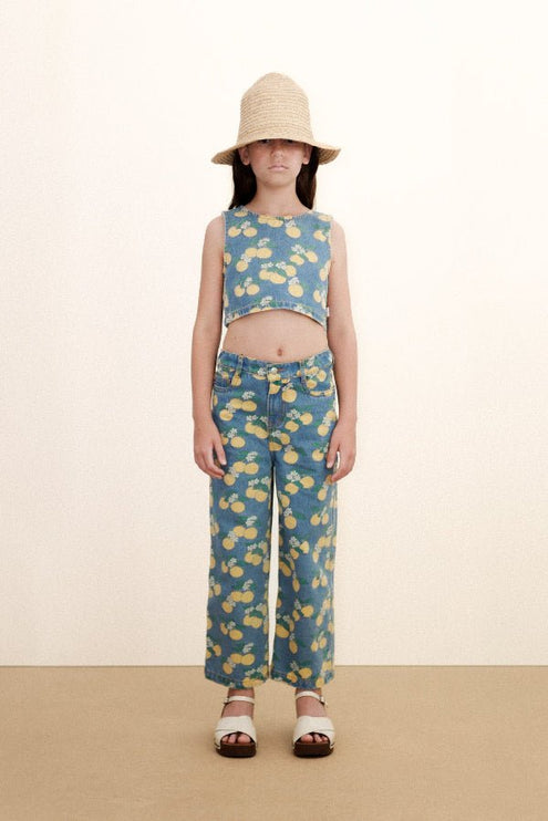 Light was demin top with oranges print