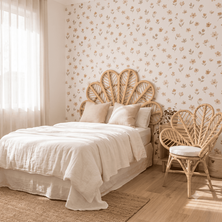 Bedroom with a bed featuring a wicker headboard and matching chair, floral wallpaper, and white bedding.