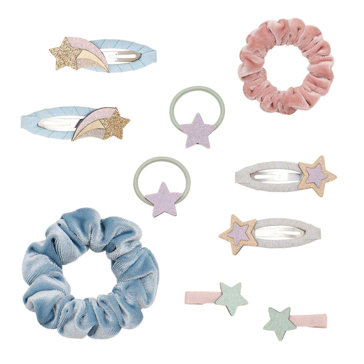Set of hair accessories including scrunchies and clips with star designs 