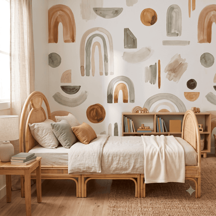 Bedroom with wooden bed, colorful wall pattern, and bookshelf.
