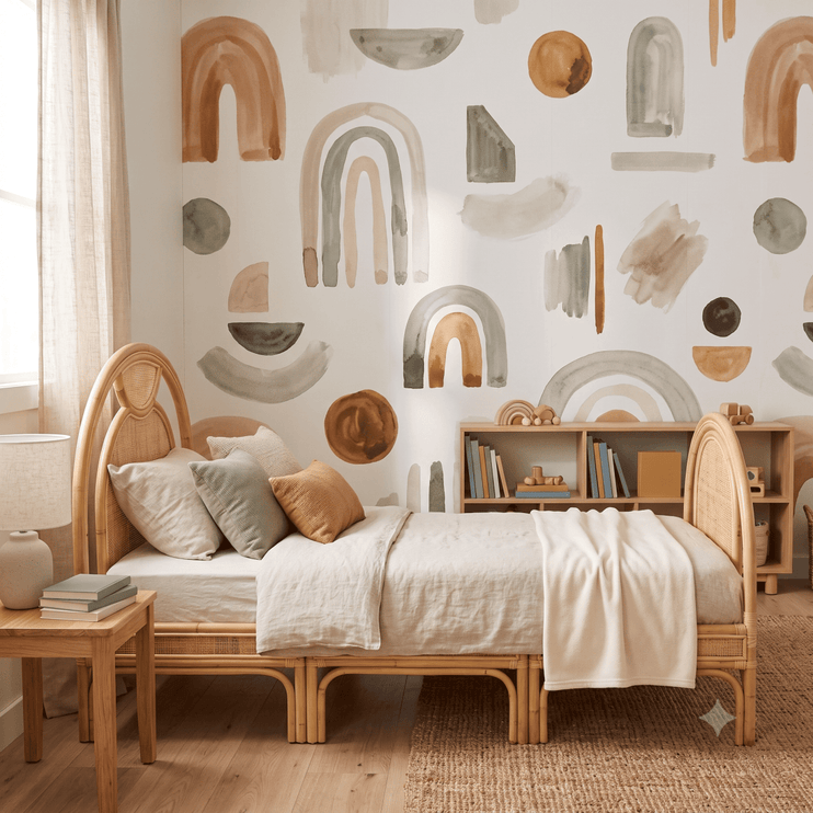 Bedroom with wooden bed, colorful wall pattern, and bookshelf.