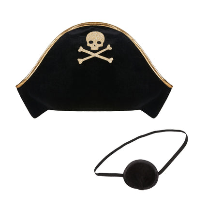 Black pirate hat with skull and crossbones design and a black eye patch on a white background