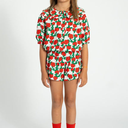 Blouse with sailor collar - Ecru with red roses