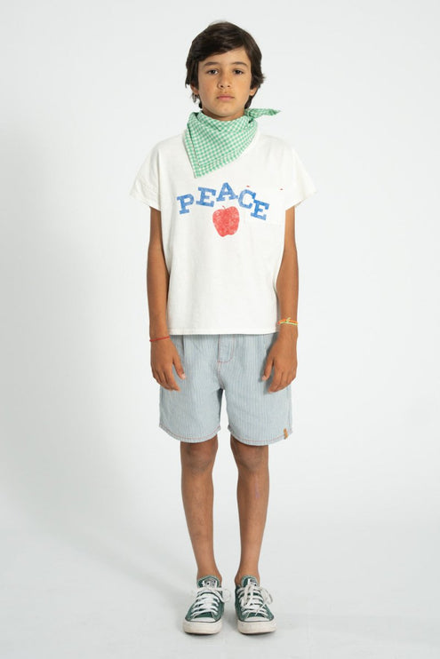 kid wearing white tshirt with peace print 