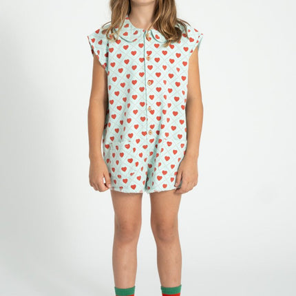 short sleeve jumpsuit with red hearts pattern