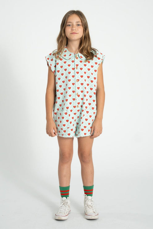 short sleeve jumpsuit with red hearts pattern