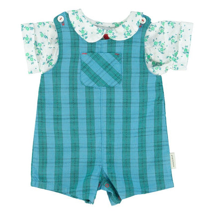 Children's outfit with blue checkered romper and floral top 