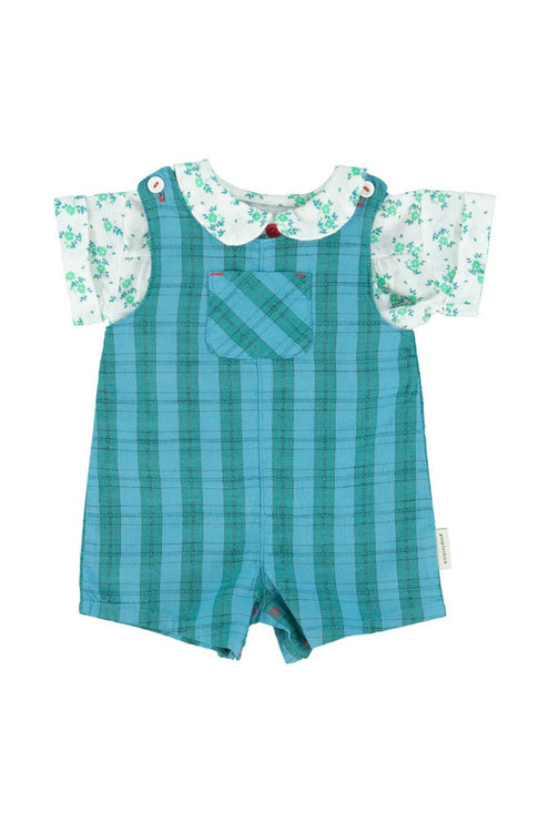 Children's outfit with blue checkered romper and floral top 