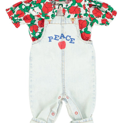 light blue denim overall with floral print blouse