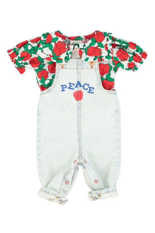 light blue denim overall with floral print blouse