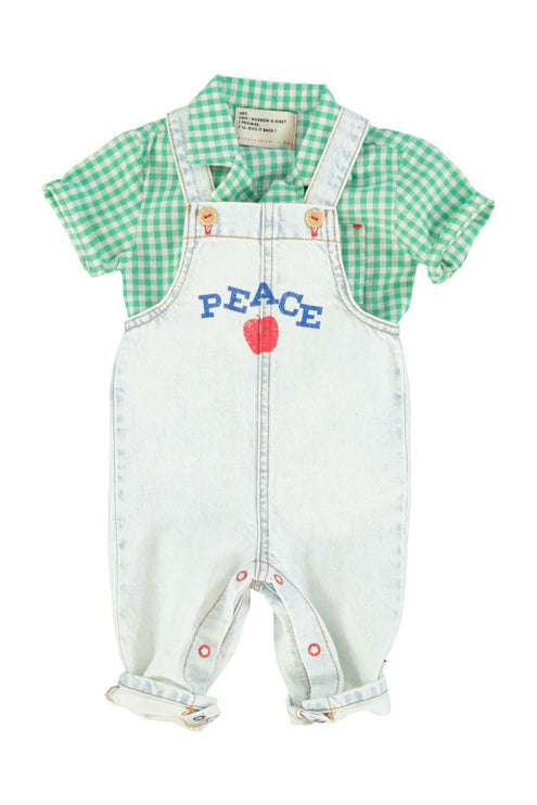 light blue denim overall with green checkered polo 