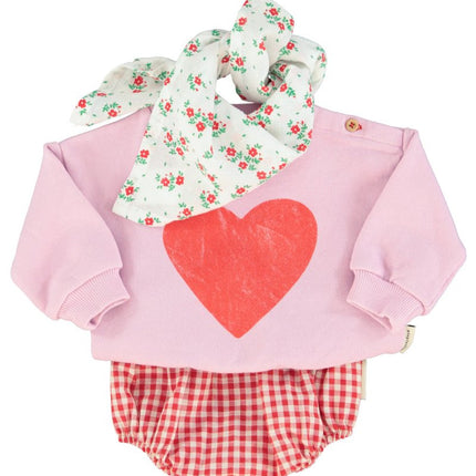 baby outfit idea - lilac sweatshirt paired with checkered romper