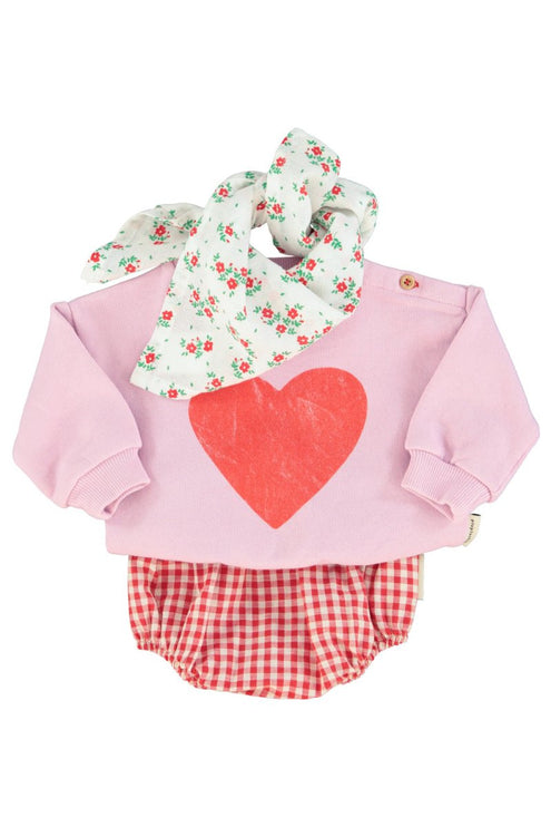 baby outfit idea - lilac sweatshirt paired with checkered romper