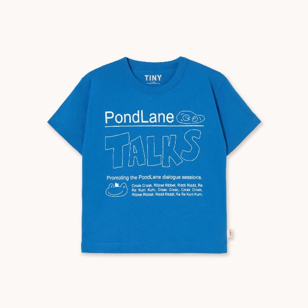 Blue t-shirt with white text
