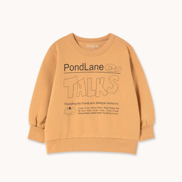 Almond colored sweatshirt with text