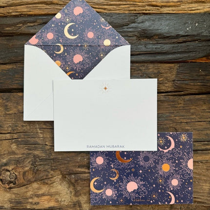 Crescents and star with blue back ground design cards and envelope