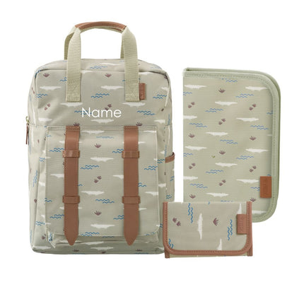 A personalized backpack set featuring a beige and light green patterned backpack with brown faux-leather straps, shown alongside matching zippered pouches on a white background.