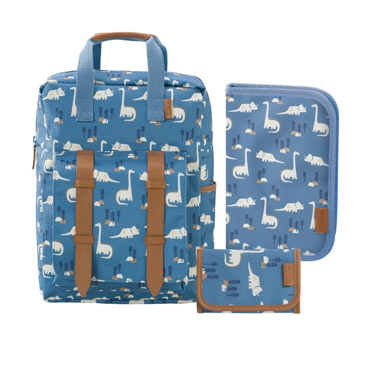 A backpack and pencil case set with wallet in blue and dino print