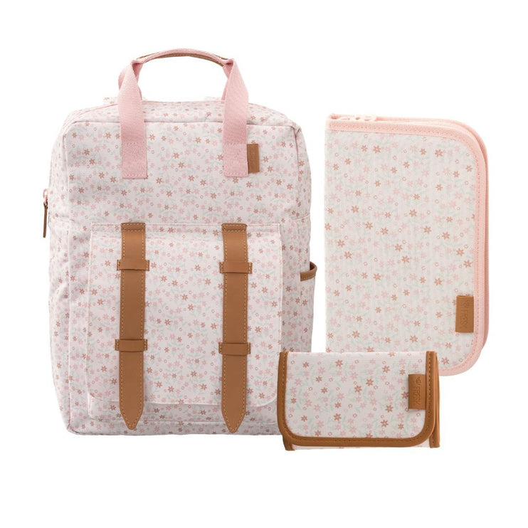 A coordinated backpack, pencil case set and wallet with flowers print