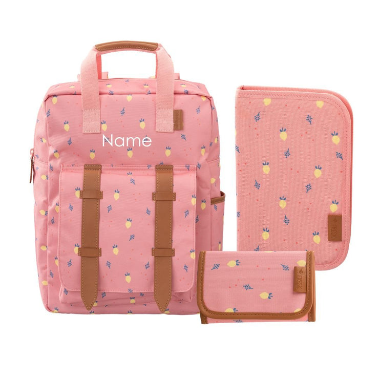 Pink backpack set with matching pencil case set and wallet with a customizable name printed on the front.