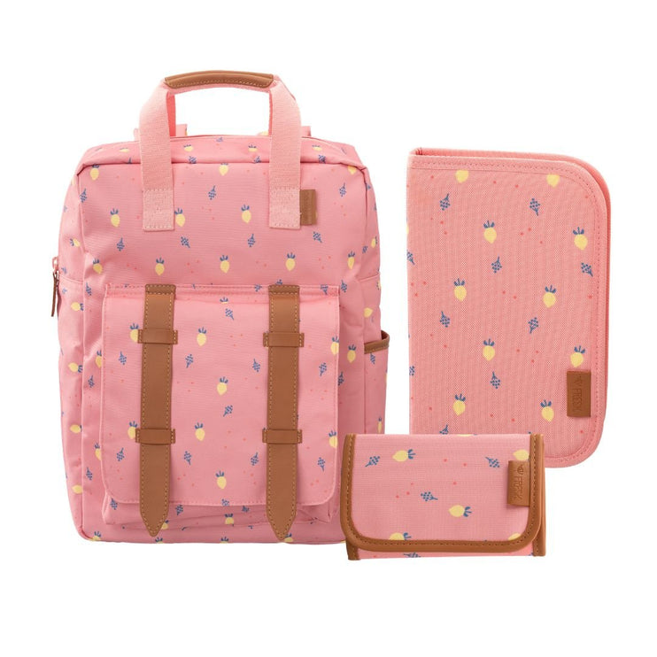 Pink backpack set with matching pouches, featuring a pink backpack with brown straps and a small pineapple print, a matching zippered pouch, and a small rectangular pouch,