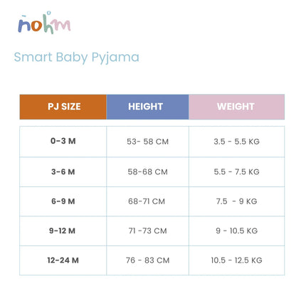 Size chart for Nohm Smart Baby Pyjama with height and weight ranges.