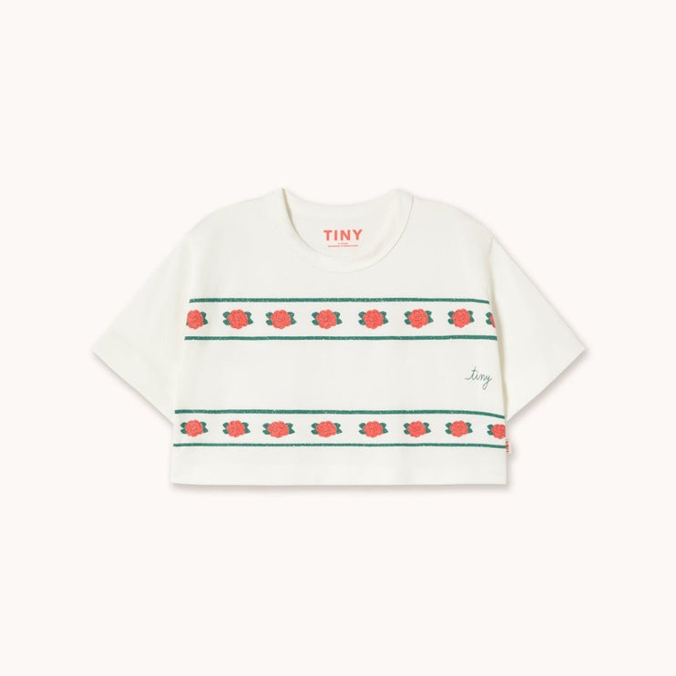 White t-shirt with red floral pattern