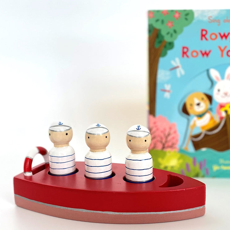"Row, Row, Row Your Boat" is an iconic nursery rhyme and an old classic that gets the Tinis singing--together! This set encourages team shenanigans, and brings this tune to life by using a boat, three seafaring sailors, and a lifebuoy ring to make the lyrics come alive!