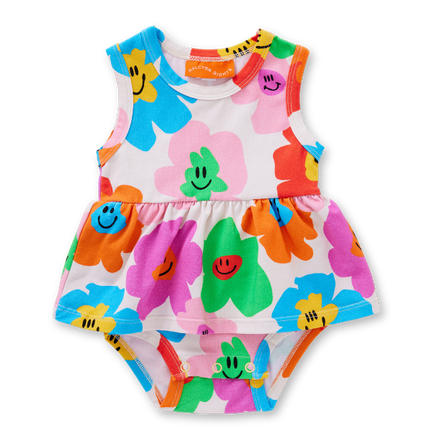 Colorful baby romper with smiley face flowers 