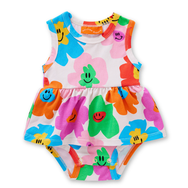 Colorful baby romper with smiley face flowers 