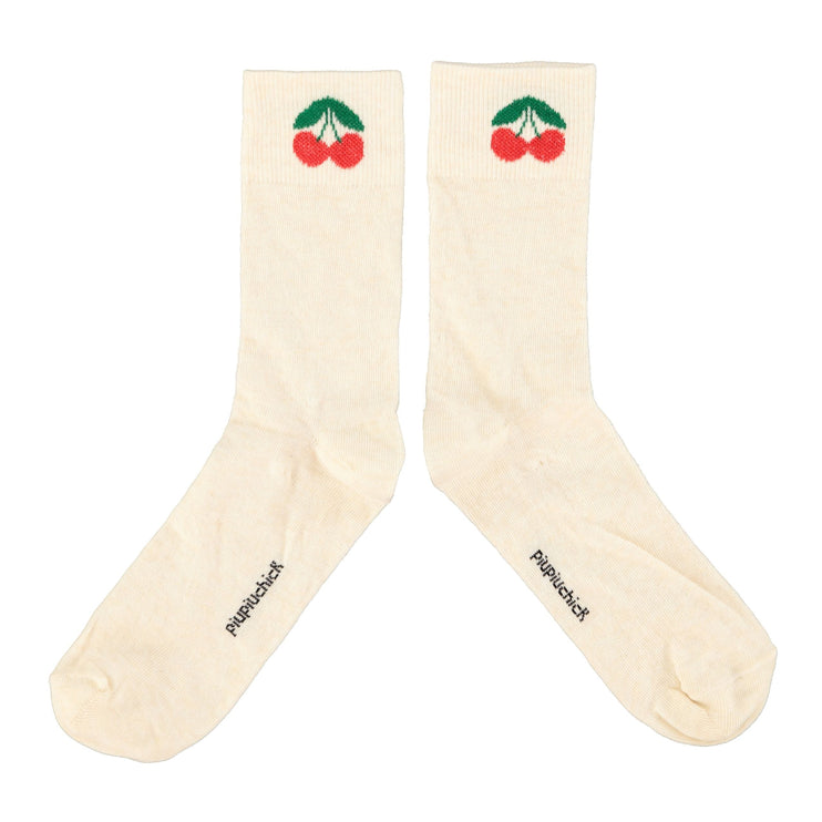 ecru socks with cherry print