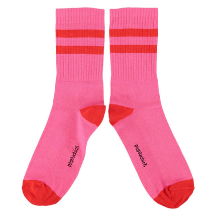 Pink socks with red stripes