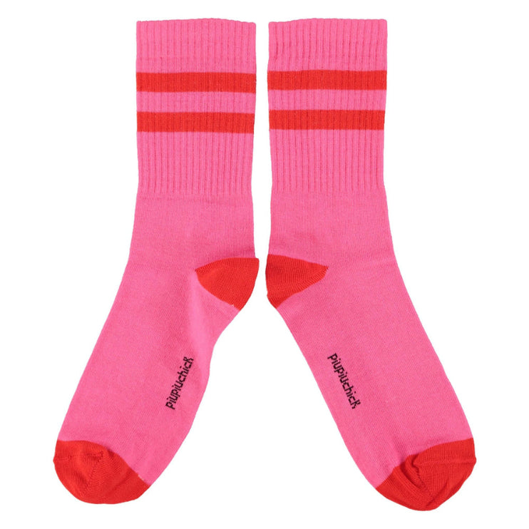 Pink socks with red stripes