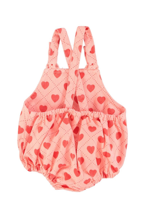 pink baby romper printed with red hearts