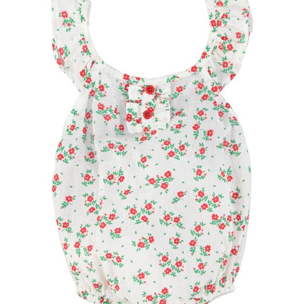 red flowers baby romper with fringe straps on a white background